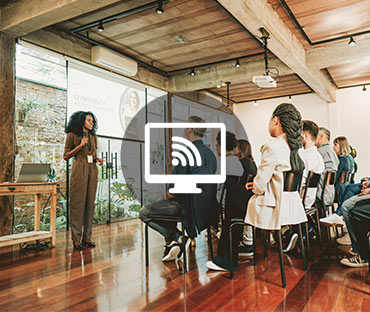 Woman giving speaker presentation
